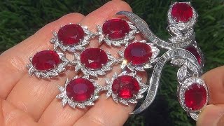 Estate VVS Natural Ruby Diamond 18k White Gold Tennis Cocktail Necklace - C625