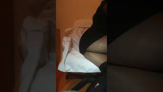 Sarah sitting in sexy tan pantyhose, lace panties...crouching legs UPSKIRT CROSSDRESSER minidress