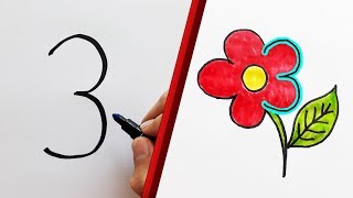 3 Rakamından ÇİÇEK Çizimi ÇOK KOLAY - How to Turn Number 3 into a Cartoon FLOWER