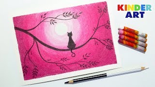 Кошка на ветке. Рисунок масляной пастелью поэтапно для детей и начинающих