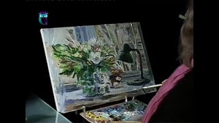 Уроки рисования (№ 99) акрилом и масляной краской . Рисуем натюрморт с букетом и настольной лампой