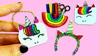 4 DIY Miniature Unicorn Crafts - Purse, Notebook, Hair Band & Pencil Case - 4 Easy Doll Crafts