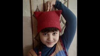 МК Шапка с ушками  спицами из Джинс //Очень легко вяжется !!!