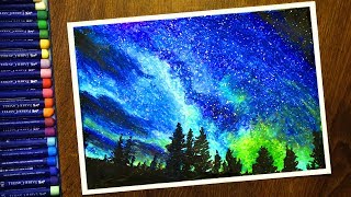 Ночной пейзаж Звездное небо Масляной Пастелью  Night landscape with Oil Pastel   step by step