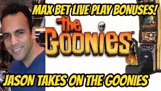 JASON TAKES ON THE GOONIES SLOT MACHINE POKIES-BONUSES!