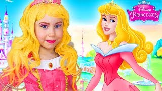 Disney Princess Aurora Costume & Kids Makeup Pretend Play and DRESS UP in a Real Princess Dresses
