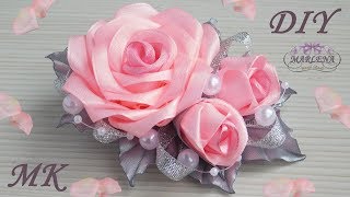 Роза канзаши ?. Нарядная заколка с букетиком роз МК/DIY ?