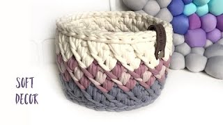 Корзина из трикотажной пряжи | Косы | Диагональ | Free crochet pattern