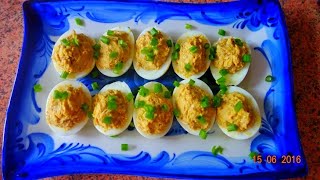 Закуска - яйца, фаршированные скумбрией, сыром. Рецепт. Вкусно - пальчики оближешь!