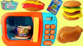 MICROWAVE PLAY SET with SHOPKINS | Cook Hamburgers Chicken Hot Chocolate | Just Like Home