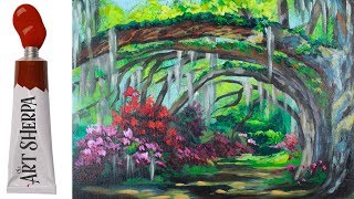 How to paint with Acrylic on Canvas Southern oak lane with Azaleas