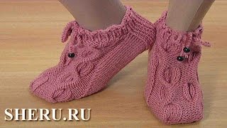 Красивые носки с объёмным узором спицами Урок 156