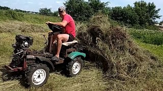 Заготовка и уборка сена на самодельном минитракторе. Волокуша для сена. Сенокос 2018