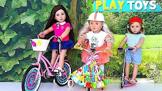 American girl doll gets a new bike for her birthday surprise present!