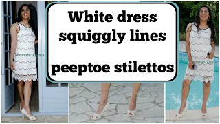 Crossdresser - white dress with black squiggly lines and peeptoe stiletto heels | NatCrys