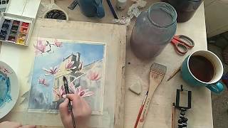 Рисуем магнолии акварелью. Запись прямого эфира Sasha Romm Art. Часть 2
