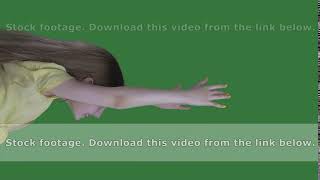 Teenager girl with long hair flying in sky on green background. Young girl flying like witch on