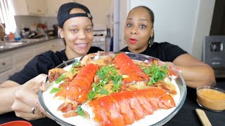 LOBSTER TAILS IN GRITS + GIANT SHRIMP SEAFOOD BOIL MUKBANG!