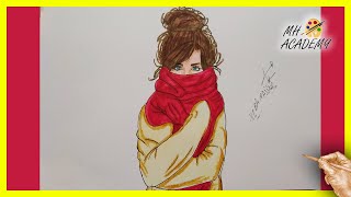 رسم فتاة كيوت بالزي الشتوي ترتدي لفاحة بشكل كرتوني جميل