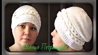 Женская шапка с необычными поперечными косами, вязание спицами