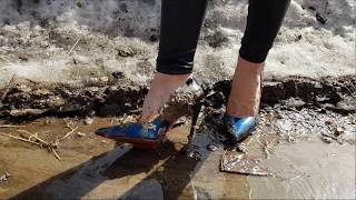 louboutin in mud, high heels walking on slippery and deep mud, snow, muddy puddles (scenes 12-17)