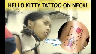 Girl gets Hello Kitty Tattoo on neck!