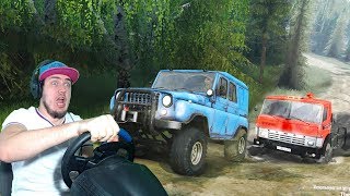 ВЫТАСКИВАЮ КАМАЗ В КРУТУЮ ГОРКУ НА УАЗЕ - МЕХАНИК ДЕЛАЕТ ГРЯЗЬ В SPINTIRES + РУЛЬ