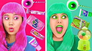 TANTANGAN WARNA HIJAU VS PINK! || Makan Hanya Satu Warna Makanan bersama 123 Go Like!