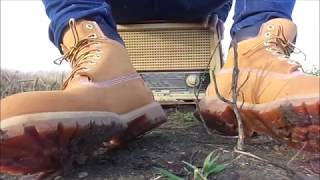 2 Pair Timberland Boots stomp, trample and destroy old vintage / antique radio