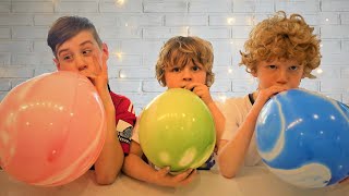 Kids Playing Bubble Gum  Balloons Blow To Pop Fun Challenge with Louis and William