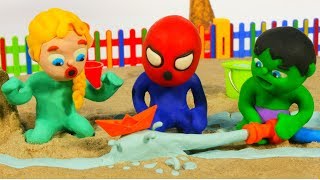 SUPERHERO BABIES PLAY WITH WATER ❤ Spiderman, Hulk & Frozen Play Doh Cartoons For Kids