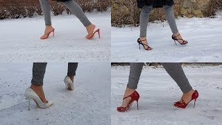 high heels snow walk, slippy high heels, high heels slide on ice, heels in snow (scenes 371-378)