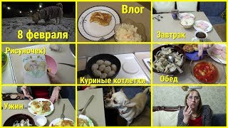 Влог, 8 февраля, Завтрак, Омлетик, Куриные котлетки, Новый рисунок, Обед, Едем на работу, Ужин