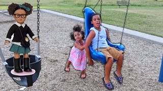 Sister Pushing Baby Brother in Swing Kids Pretend Play | FamousTubeKIDS