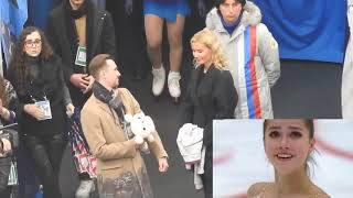 Eteri Tutberidze, Daniil Gleikhengauz, Sergei Dudakov watching Alina Zagitova at ROSTELECOM cup 2018