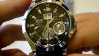 Seiko Premier SNP005 Auto Relay Kinetic Perpetual Calender Stainless Steel on Black Leather