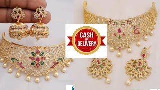 Cz ad colorful stone choker necklace with earrings jewellery designs with price online shopping sale