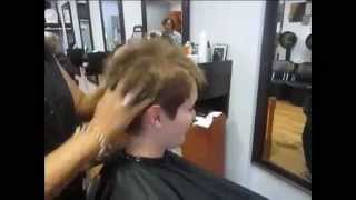 long blonde hair goes to a short pixie cut