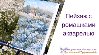 Пейзаж с ромашками акварелью