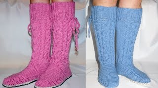 Видео курс "Домашние сапожки с косами". Вязание спицами и крючком  / knitting