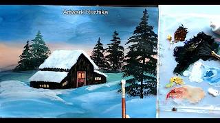 Snowy Winter Landscape with Hut | Acrylic Scenery Painting
