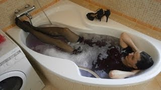 Wetlook - bath - satin dress, black stockings, heels