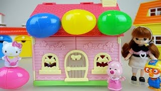 Hello Kitty house surprise eggs and baby doll Pororo toys play