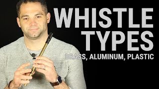 Different types of whistles - brass, aluminum, plastic, PVC