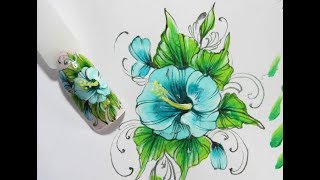 ГИБИСКУС на ногтях.Полная инструкция по рисованию гибискуса на ногтях в технике китайской росписи