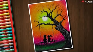 Dream Sunset Landscape Drawing with Oil Pastels - step by step