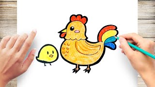 How to Draw Hen and Chick with Coloring Step by Step for kids