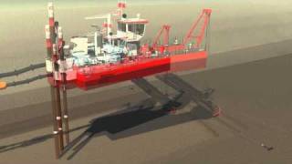 Animation cutter dredge (Beaver B50, swinging and changing spuds.).