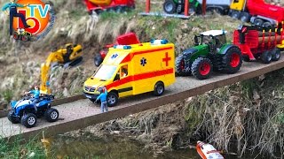 BRUDER Tractors Trucks LKW on the bridge over the river!