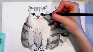 КАК НАРИСОВАТЬ  пушистого КОТА  АКВАРЕЛЬ